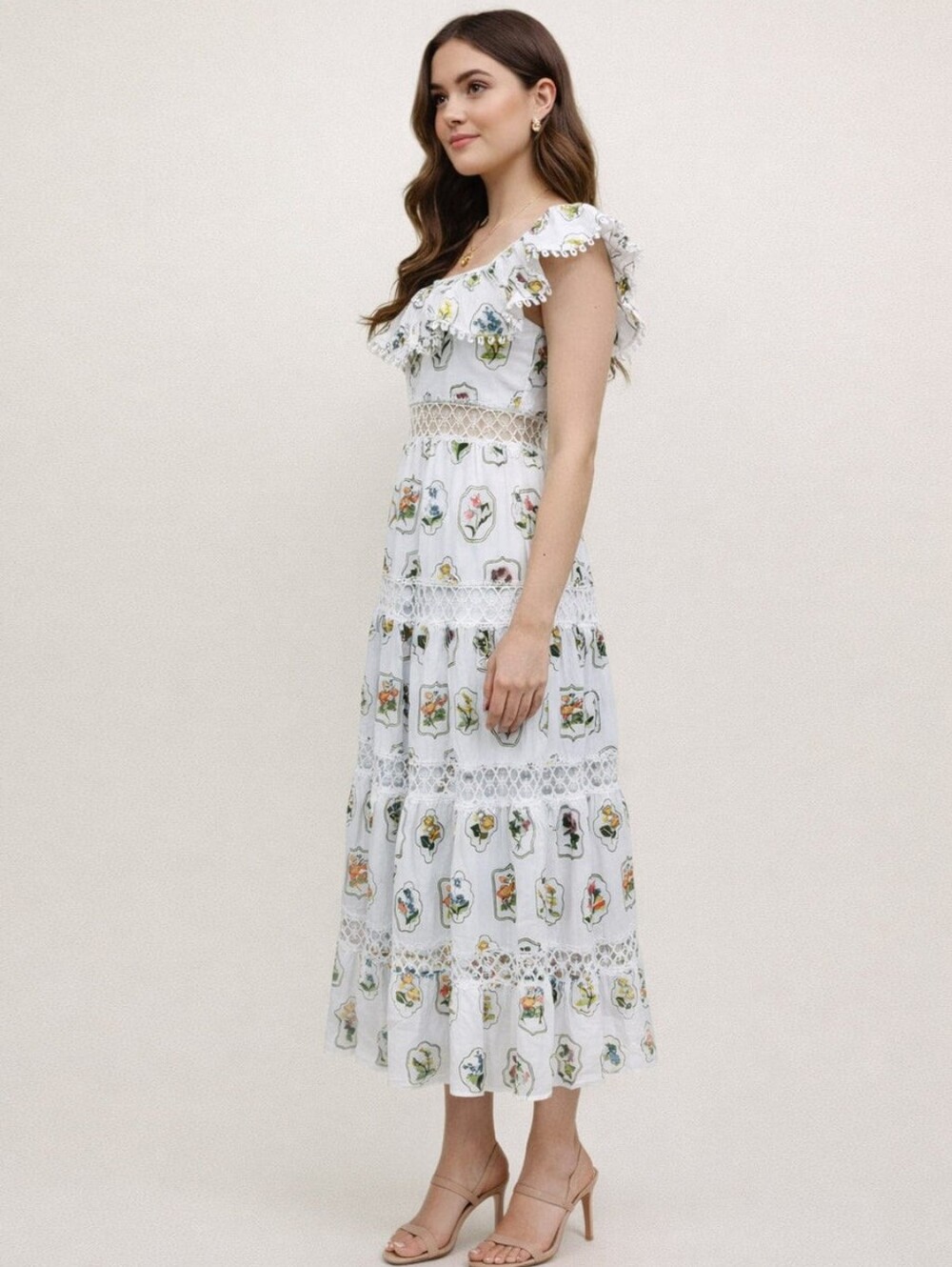 Womens White Floral Lace Tiered Maxi Dress Boho Cottagecore Flutter Sleeve S-L - Picture 2 of 4